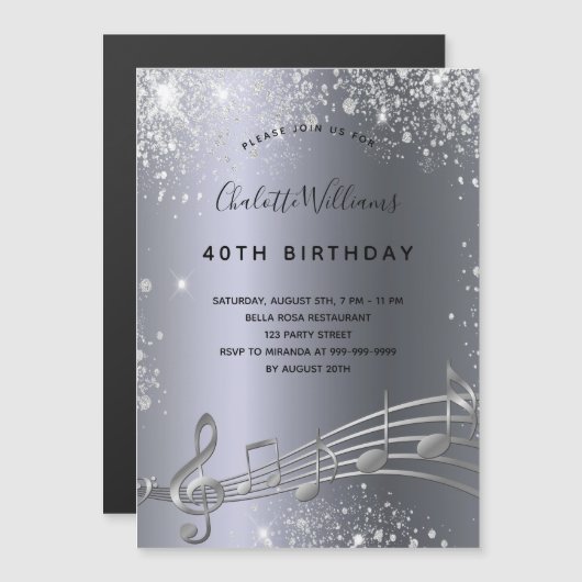 Anniversaire argent notes musique invitation aiman (Devant / Derrière)