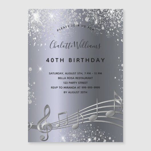 Anniversaire argent notes musique invitation aiman (Devant)