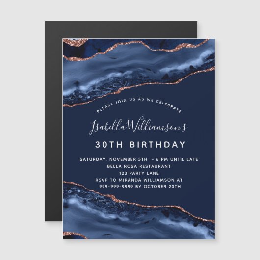 Anniversaire bleu agate rose or aimant invitation (Devant / Derrière)
