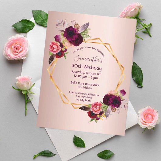 Anniversaire Bourgogne fleurie rose or invitation