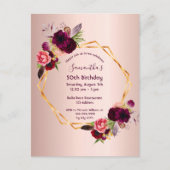 Anniversaire Bourgogne fleurie rose or invitation (Devant)