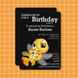 Anniversaire Cartoon Honey Bee Black Invitation