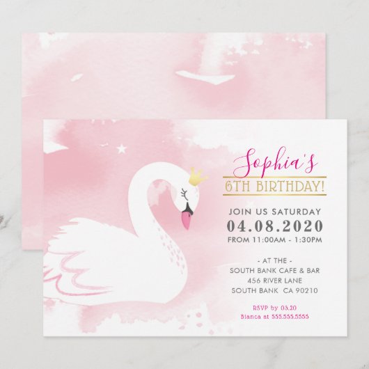 ANNIVERSAIRE DE ENFANT PARTY INVITATION cygne prin (Devant / Derrière)