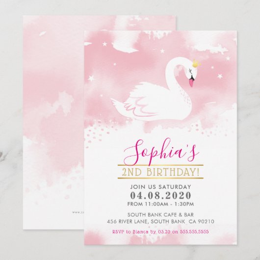 ANNIVERSAIRE DE ENFANT PARTY INVITATION cygne prin (Devant / Derrière)