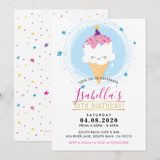 ANNIVERSAIRE DE ENFANT PARTY INVITATION kawaii ice (Devant / Derrière)