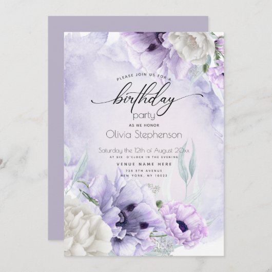 Anniversaire de fête Lilac Poppy Invitation (Devant / Derrière)