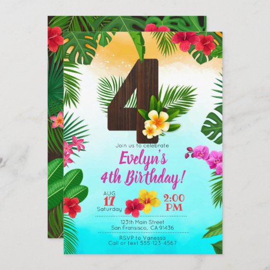 Anniversaire de Luau, Invitation Luau, 4e annivers (Devant / Derrière)