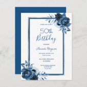 Anniversaire Fête bleu floraux blanc invitation (Devant / Derrière)