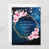 Anniversaire fête bleu rose florales invitation (Devant / Derrière)