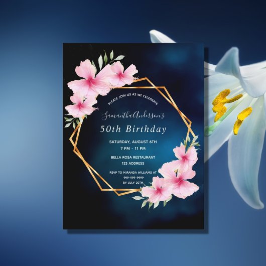 Anniversaire fête bleu rose florales invitation