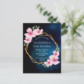 Anniversaire fête bleu rose florales invitation (Debout devant)
