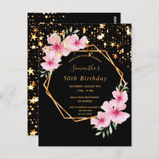 Anniversaire fête noir or étoiles invitation flora (Devant / Derrière)