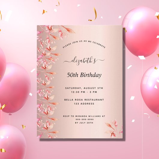 Anniversaire fête rose or rose floral invitation