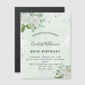 Anniversaire floral argent vert invitation aimant (Devant / Derrière)