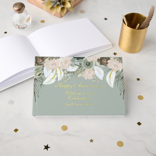 Anniversaire floral de Sage et de Cream Gold Foil (Recto ouvert)