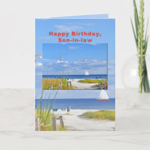 Anniversaire, gendre, carte de plage et vue mer