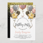Anniversaire Gold Confetti Balloons Invitation (Devant / Derrière)