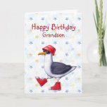 Anniversaire Grandson Amusant jolie carte d'oiseau<br><div class="desc">Joyeux anniversaire petit-fils ou personnaliser mignonne Seagull bottes rouges et casquette animal Humour drôle</div>