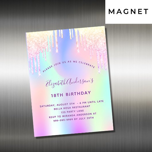Anniversaire holographique rose invitation aimant