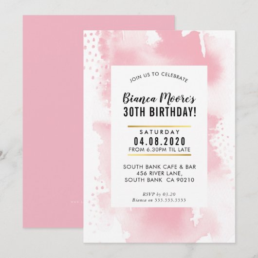 ANNIVERSAIRE INVITATION moderne aquarelle rose pâl (Devant / Derrière)