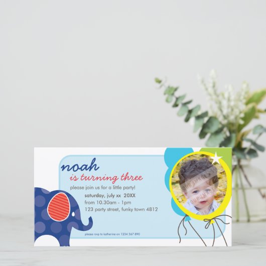 ANNIVERSAIRE INVITATION PHOTOCARD :: éléphant + ba (Debout devant)