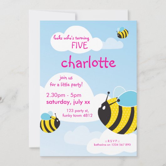 ANNIVERSAIRE INVITATIONS :: abeilles dans le ciel (Devant)