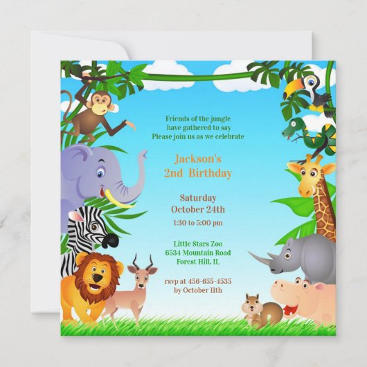 Anniversaire Jungle Animaux Flat Invitation (Devant)