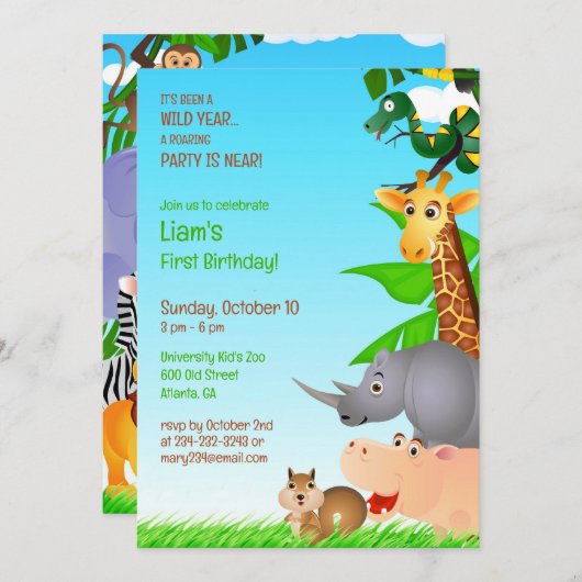 Anniversaire Jungle Animaux Flat Invitation (Devant / Derrière)