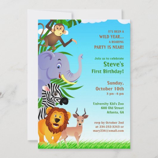 Anniversaire Jungle Animaux Flat Invitation (Devant)