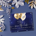 Anniversaire marine bleu or enregistrer la carte d<br><div class="desc">Une soirée branchée Save the Date pour un 18ème anniversaire (ou tout autre âge). Un arrière - plan bleu marine inégal. Décoré de parties scintillant bleu et faux or et de ballons d'or. Le texte : Save the Date est écrit avec un grand script de style à la main tendance....</div>