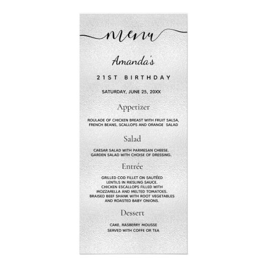 Anniversaire Menu argent métal nom monogramme (Devant)