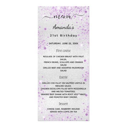 Anniversaire Menu argent violet photo amusement fa (Devant)