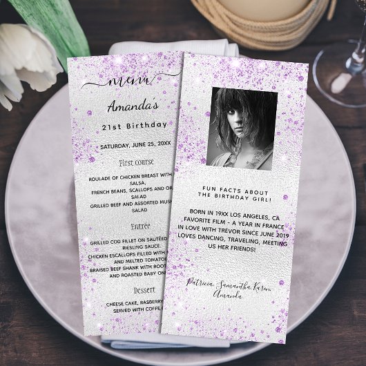 Anniversaire Menu argent violet photo amusement fa