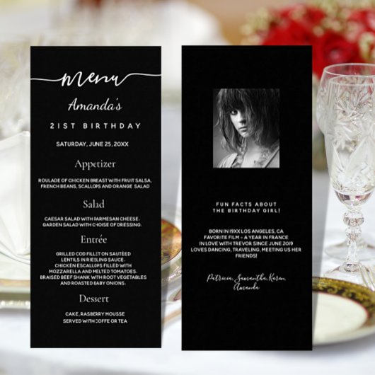 Anniversaire Menu noir blanc photo faits amusants