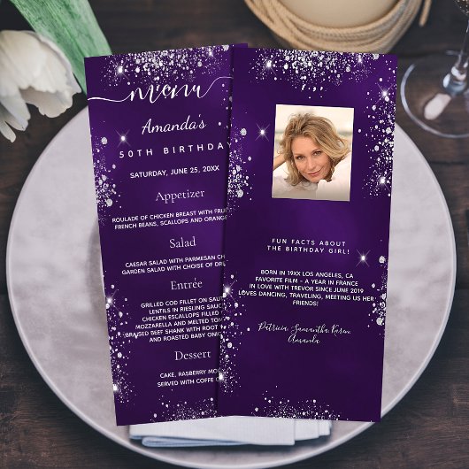 Anniversaire Menu violet argent parties scintillan