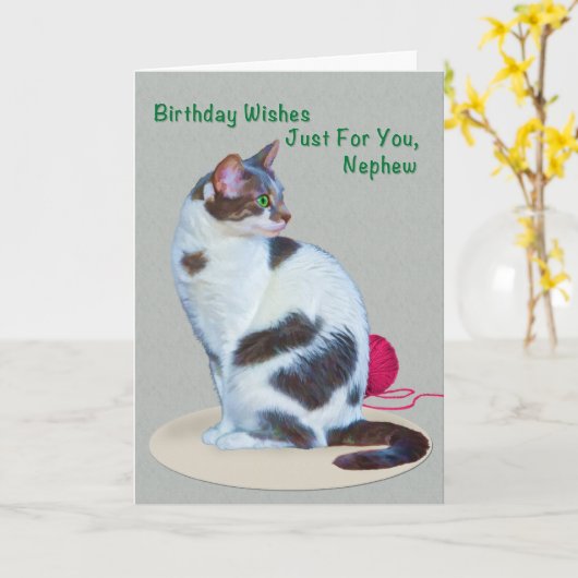Anniversaire, Nephew, Carte Chat À Oeil Vert (Fleur jaune)