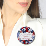 Anniversaire patriotique USA rouge blanc bleu<br><div class="desc">Un autocollant pour une fête d'anniversaire de 18e (ou tout âge). Fond blanc. Décoré de ballons de couleur patriotique en bleu rouge et blanc. Le bleu et le rouge brillent. Personnalisez et ajoutez une date,  un nom et un âge.</div>