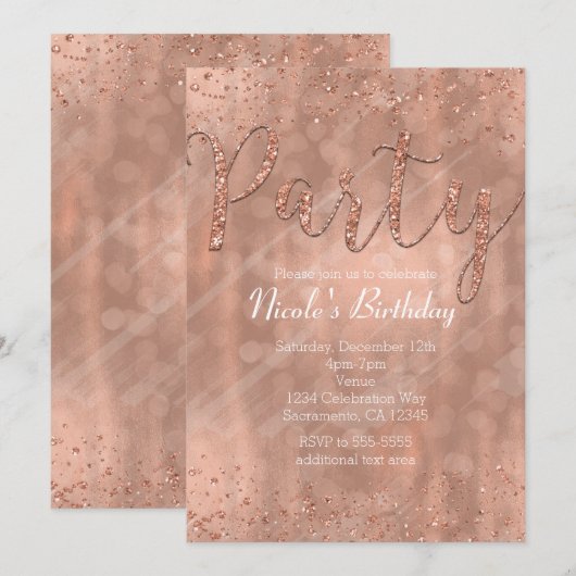 Anniversaire Pink Rose Gold Glamor Invitations (Devant / Derrière)