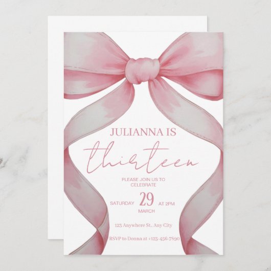 Anniversaire rose Bow, invitation d'anniversaire, (Devant / Derrière)