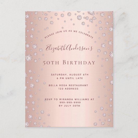 Anniversaire rose or diamants invitation (Devant)