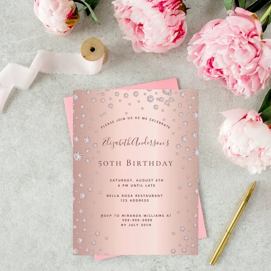 Anniversaire rose or diamants invitation