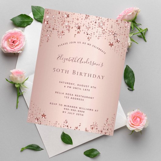 Anniversaire rose or étoiles glam invitation