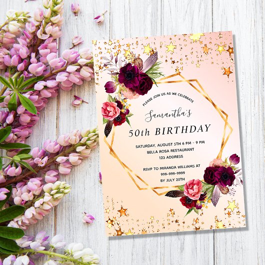 Anniversaire rose or florales Bourgogne invitation