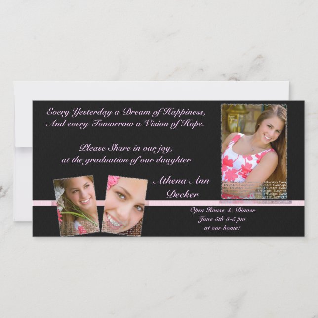 Annonce de diplôme rose et noir & invitation (Devant)