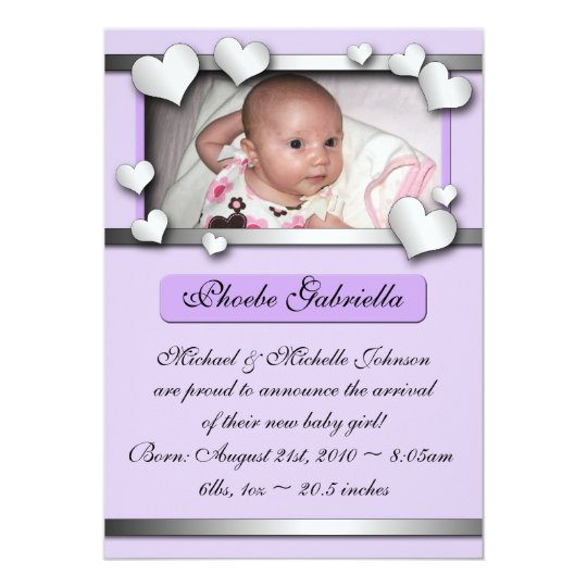 Annonces pourpres de naissance de coeurs de côté carton d'invitation 12,7 cm x 17,78 cm