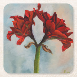 "Ann's Gift" Red Amaryllis Flower Oil Painting Vierkante Kartonnen Onderzetter