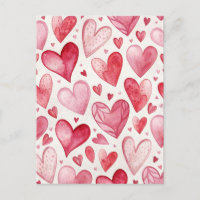 Ansichtkaart met aquarel roze harten liefde