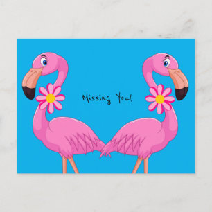 Ansichtkaart Roze Flamingo Bloemen Ik mis je! Briefkaart