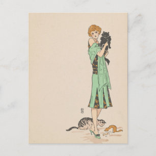 Ansichtkaart - vrouw en katten - Franse kunstenaar Briefkaart