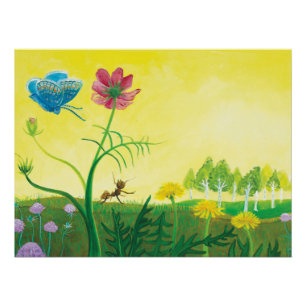 Ant en vlinder op poster van wilde bloemen perfect poster